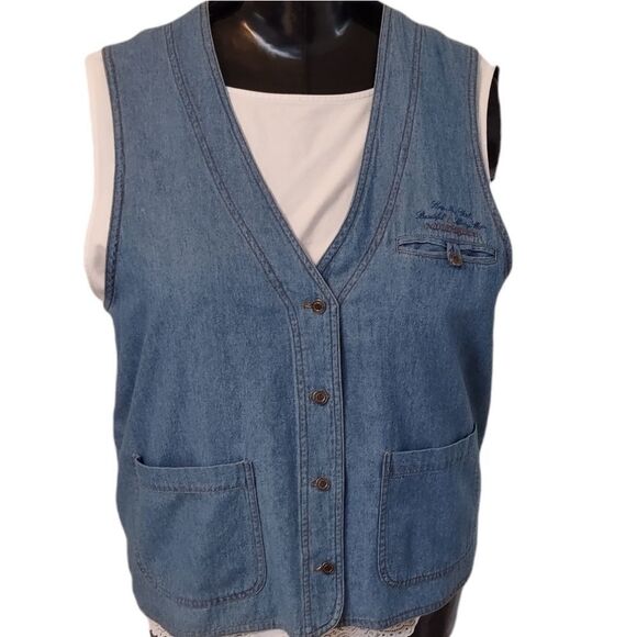 NY Line Jeans Button Front Sleeveless Vest w Pastel Striped Back L - Picture 2 of 13